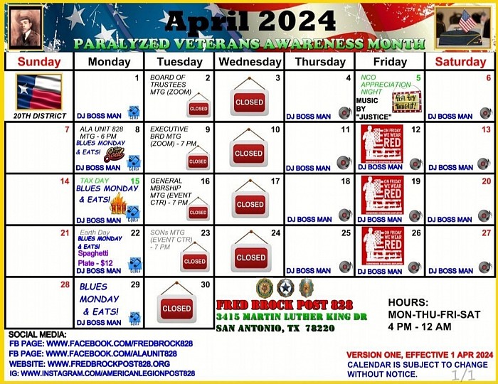 Post 828 April 2024 Event Calendar