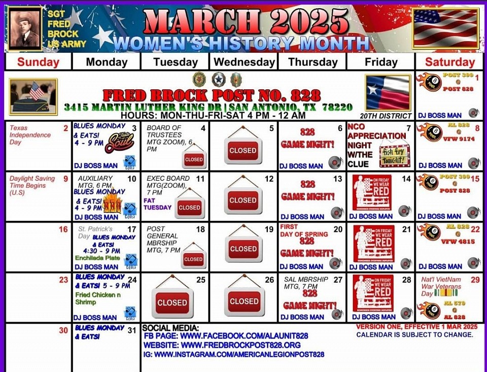 Post 828 March 2025 Event Calendar