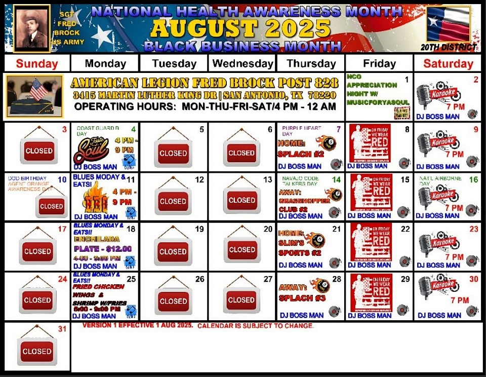 Post 828 August 2025 Event Calendar