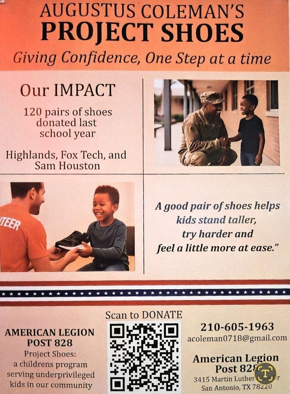 Donations are being accepted for Project Shoes. Through this great program, Post 828 has been able to provide a pair of shoes to close to 200 local high school students tthe past two years. This wouldn't be possible without your support! Thank you!!