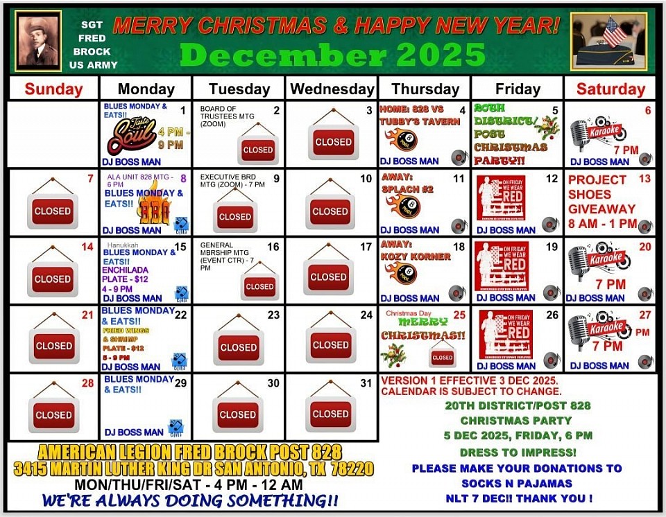 Post 828 December 2025 Event Calendar