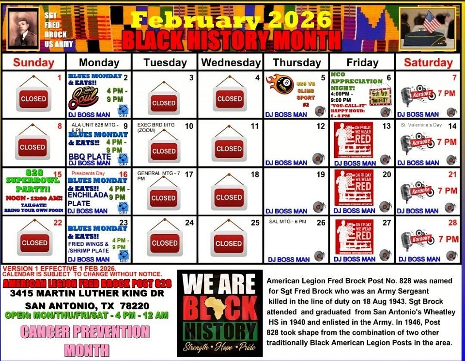 Post 828 February 2026 Event Calendar